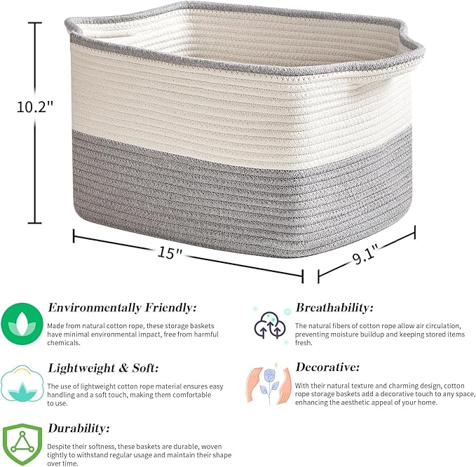 Cotton Rope Storage Basket Set of 3 (15"x10.2"x9.1") - Rectangle Storage Bins - Versatile Toy Storage Organizer - Perfect for Kids, Dog Toys, Books, Shelves - White & Grey
