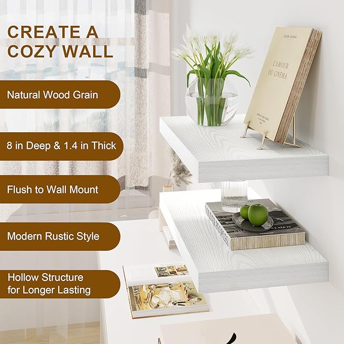 Fun Memories White Floating Shelves 16 Inch Long, 8 Deep Floating Shelf Wall Mounted, 16 x 8 Inch Wooden Bathroom Shelves, Deep Storage Shelves for Living Room, Kitchen, Set of 2