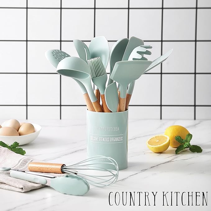 Country Kitchen Non Stick Silicone Utensil Set with Rounded Wood Handles for Cooking and Baking, 14 Piece Set, Mint