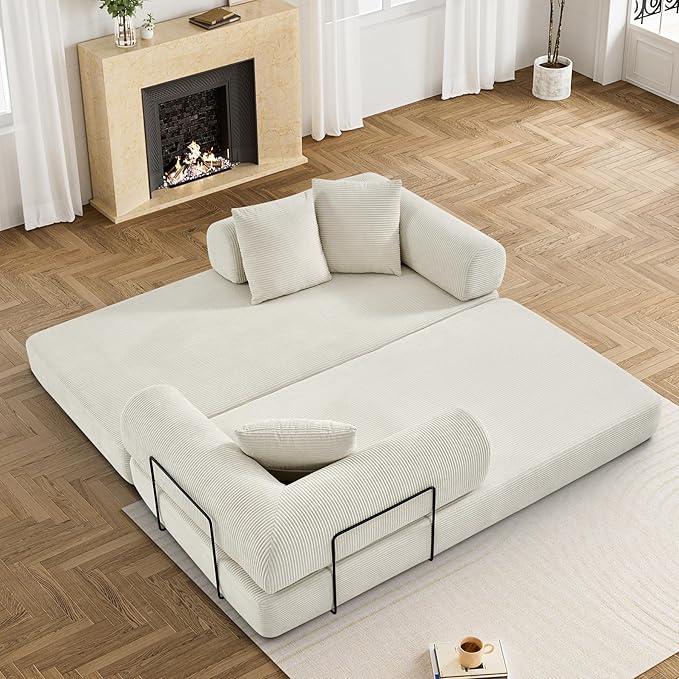 Convertible Sleeper Sofa Bed with Pillow, 4-in-1 Corduroy Folding Mattress Couch with Fixed-Shape Frame, Fold Out Floor Sofa Cama Lounge Couch for Living Room Bedroom Studio, Beige White