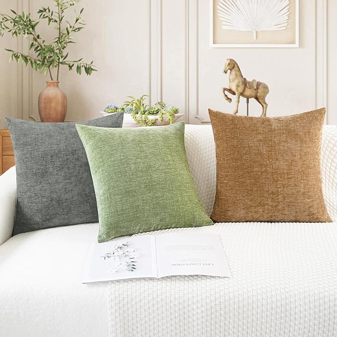 CaliTime Throw Pillow Covers Decorative 24 X 24 Inches Pack of 2 Cozy Chenille Cushion Cases for Couch Sofa Bed Living Room Home Sage Green