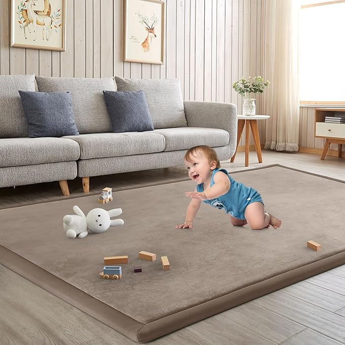 Baby Play Mat for Floor Tummy Time Nursery Rug Muscle Area Rug Playroom Rug Tatami 50 * 50" Memory Foam 1.3" Thick Crawling Mat For Babies,Toddlers, Infants, Kids,Floor Mat(Brown)