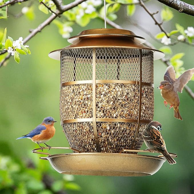 Bird Feeder for Outdoors, Funnel Style Wild Finch Feeders for Outside Hanging Courtyard Bird Watching, Metal Birdfeeder with Lid Fixing Buckle, 3Lbs Capacity
