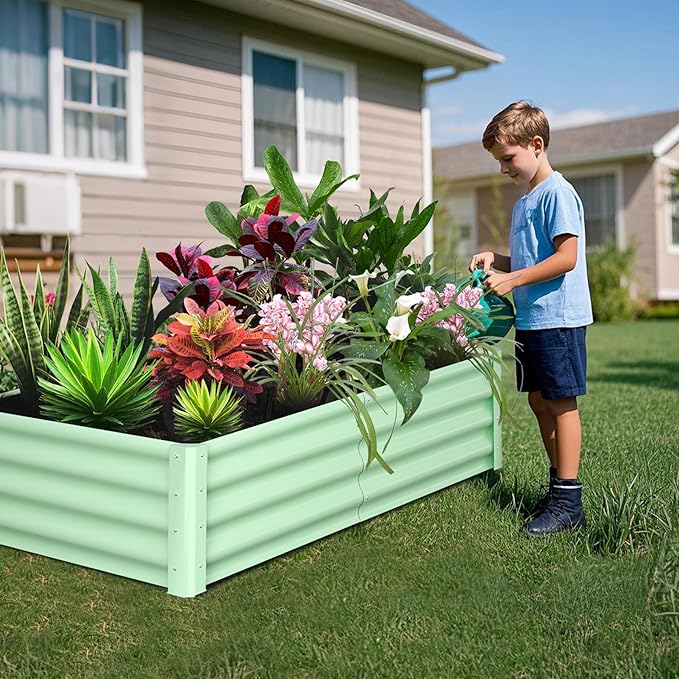 Galvanized Raised Garden Bed Outdoor, 2 Pcs 6x3x1FT Outdoor Large Planter Raised Beds Open Base with Safety Edge and Glove for Vegetables Flowers Ground Planter, Green