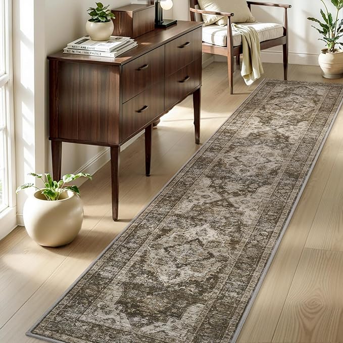 AMOAMI-2X10 Runner Rug-Washable Runners for Hallways-Soft Non Slip Bedside Rugs for Bedroom-Vintage Long Rug for Hallways Entryway Laundry Room Stair Kitchen Bathroom Brown/Coffee