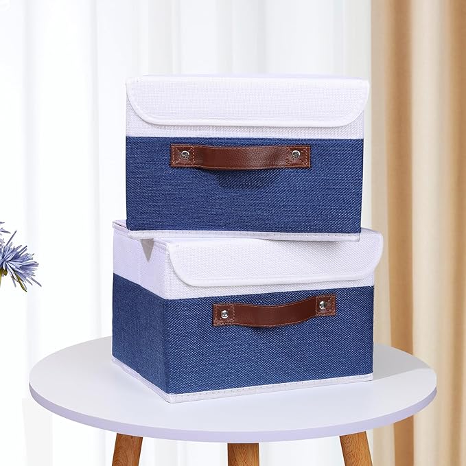 ANMINY 2PCS Storage Boxes with Lid Washable Decorative Storage Bin Basket with PU Leather Handle Foldable Linen Fabric Storage Cube Container for Home Closet Organizer - Deep Blue White, Small Size