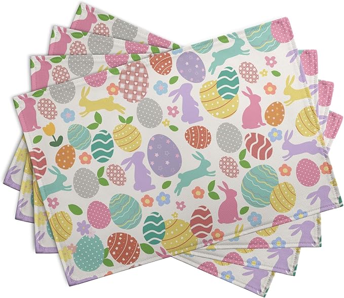 Easter Eggs Bunny Floral Placemats Set of 4 Watercolor Egg Floral Place Mat 12x18 Inch Seasonal Spring Colorful Washable Linen Table Mats for Party Kitchen Dining Outdoor Indoor Decor