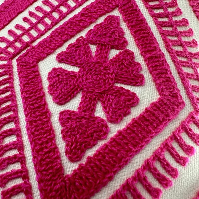 Alysheer Embroidered Decorative Throw Pillow Covers 18x18 inches Set of 2 Pieces, Boho Geometric Modern Chic Classic Pattern Cotton Cushion Cases for Sofa Couch Bed Living Room(Bright Hot Pink)