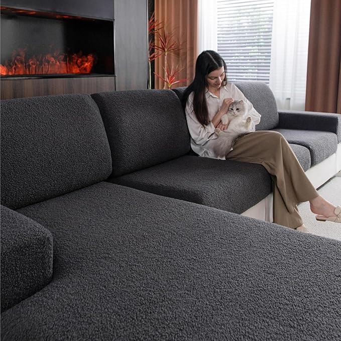 Couch Cushion Covers for Sectional Sofa, Stretch Soft Sofa Slipcovers Washable Wear-Resistant Universal Furniture Protector for Living Room(1 Piece Chaise Cover, Dark Gray)