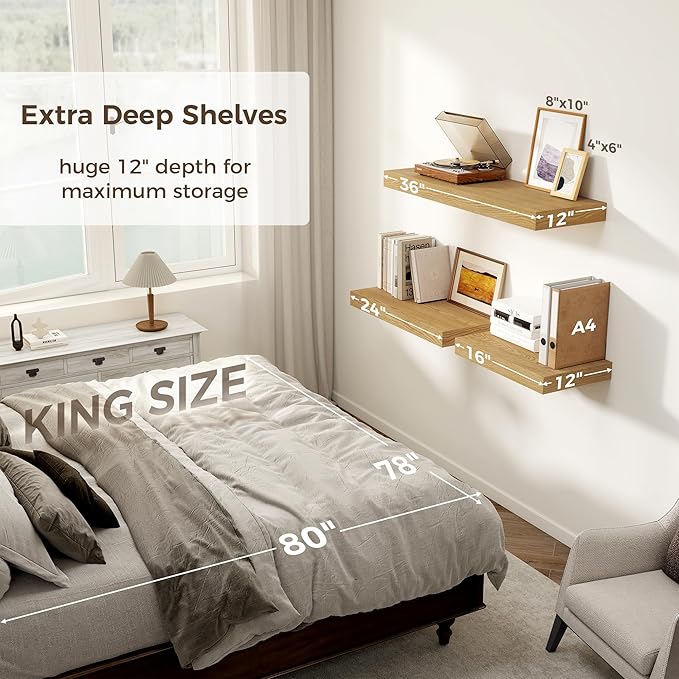 12 Inch Deep Floating Shelves, 16 x 12 Floating Shelf for Books, Rustic Wood Deep Wall Shelves for Home Storage & Display, 2" Thicked Shelves for Kitchen, Living Room, Bedroom, Oak Color, 2 Pack