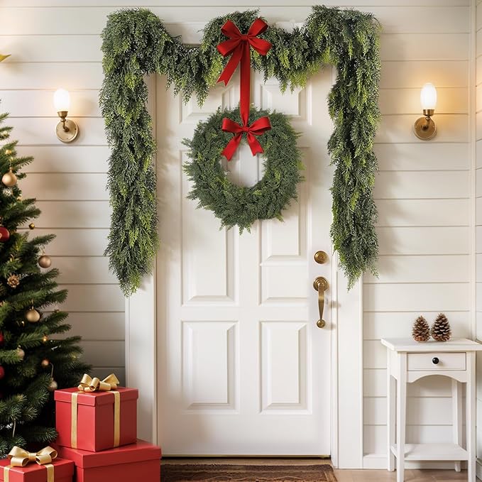 6 ft Christmas Garland, Cedar Garland, Real Touch Cypress Garlands, Green Artificial Greenery Garland for Mantel Indoor Outdoor Christmas Decorations