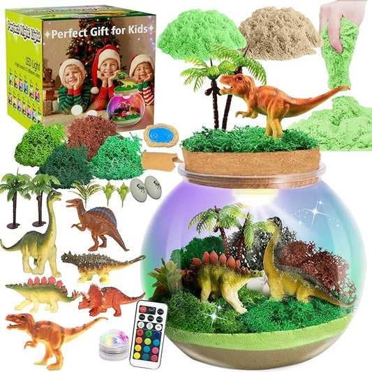 Dinosaur Light-Up Terrarium Kit for Kids- Birthday Gifts for Boys Ages 4 5 6 7 8-12 Year Old- Dinosaur Toys for Boys with Multicolor LED Light & Remote
