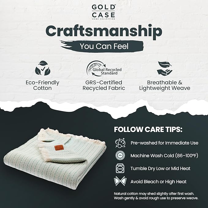 Gold Case Throw Blanket for Couch – 100% Recycled Turkish Cotton Blankets & Throws – Elegant Decorative Throw Blankets for Living Room Sofa – Woven Throws for Couch – Vintage Aqua– 50x60