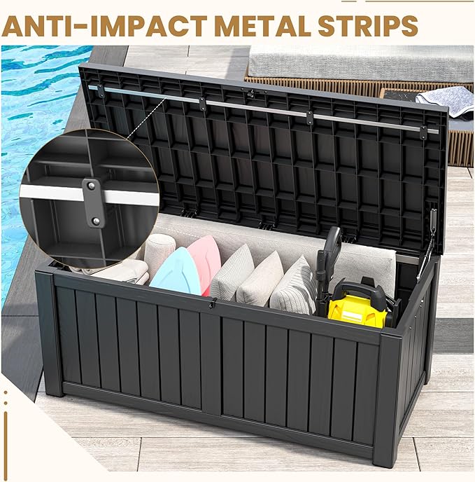 Deck Box, 120 Gallon Outdoor Storage Box Lockable Patio Waterproof for Furniture, Garden Tools, Sports Equipment and Pool Supplies, Waterproof, Resin, Lockable