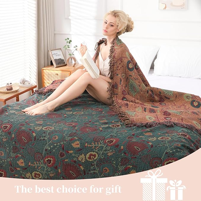 Boho Throw Blanket for Bed - 100% Pure Cotton Ultra Soft Rustic Quilt - Farmhouse Decor Bed Blankets, All Season Rustic Throw for Sofa Couch Chair(91''x 98'', Floral)