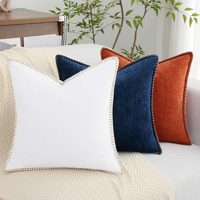 decorUhome Chenille Soft Throw Pillow Covers 20x20 Set of 2, Farmhouse Velvet Neutral Decorative Euro Pillow Covers with Stitched Edge for Couch Sofa Bed Home Decor, White