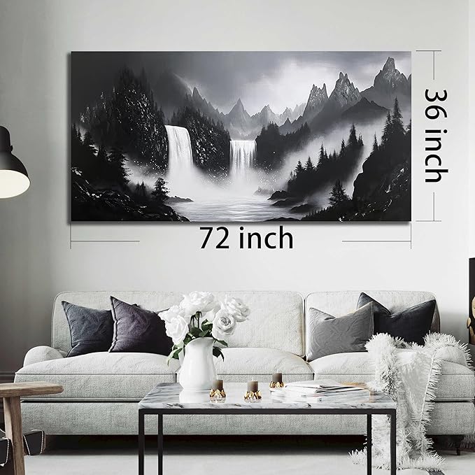 Mountain Hand Painting Wall Decor For Living Room - Extra Large Waterfall Pictures Wall Art For Office - Landscape Canvas Wall Art For Bedroom Size 36 x 72 Inch