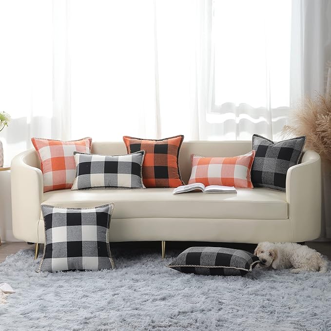 decorUhome Fall Orange and Black Decorative Throw Pillow Covers 22x22 Set of 2, Buffalo Plaid Check Farmhouse Cushion Covers with Stitched Edge for Autumn Harvest Couch Sofa Bed Home Decor