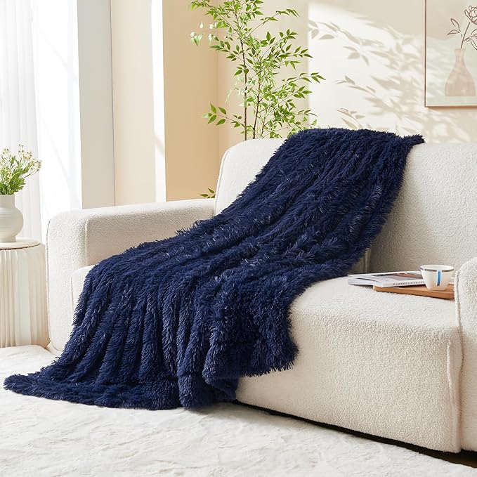 GONAAP Fuzzy Faux Fur Throw Blanket Twin Size Dark Navy Super Soft Cozy Plush Fuzzy Shaggy Blanket for Couch Sofa Bed (Dark Navy, Twin(60"x80"))