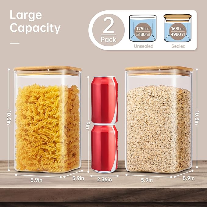 Extra Large Square Glass Flour & Sugar Storage Containers with Airtight Lids, 168oz 2 Pack Glass Jars with Bamboo Lids, Air tight Pantry Food Storage Containers for Cereal, Pasta, Rice Organizers