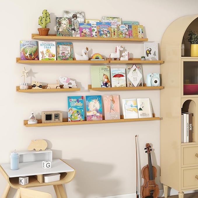 Fun Memories Picture Ledge Shelves Set of 2, 48 Inch Rustic Wall Mounted Floating Shelves with Lip for Home Storage and Décor in Bathroom, Kitchen, Nursery, Bedroom, Living Room, Oak