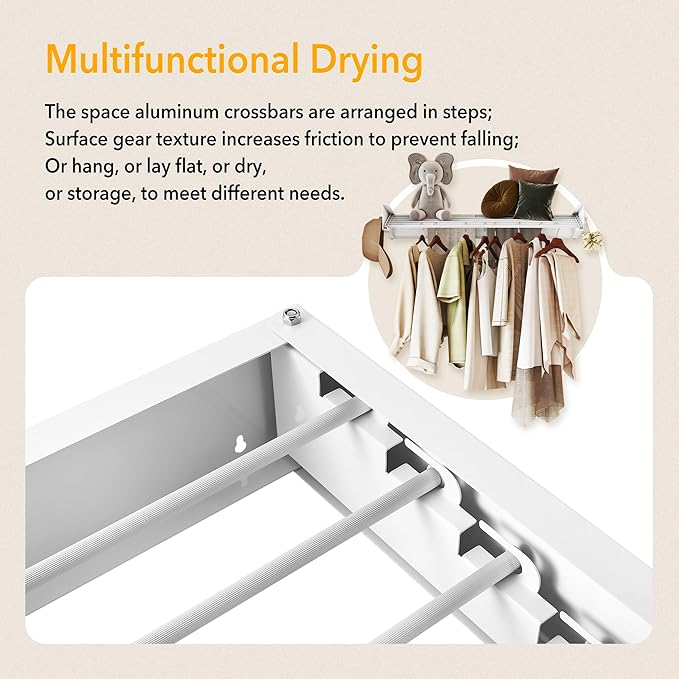 Upgrade Drying Rack Clothing,Clothes Drying Rack Wall Mounted,Laundry Drying Rack Wall Mount,Foldable,Collapsible,Retractable,6 Aluminium Poles,with Hooks,(White 35.5"
