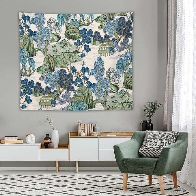 Chinoiserie Tapestry,Asian Watercolor Abstract Art Tapestry,Asian Japanese Wall Tapestry, Nature Landscape Tapestries for Bedroom Living Room Decor 60"x50"