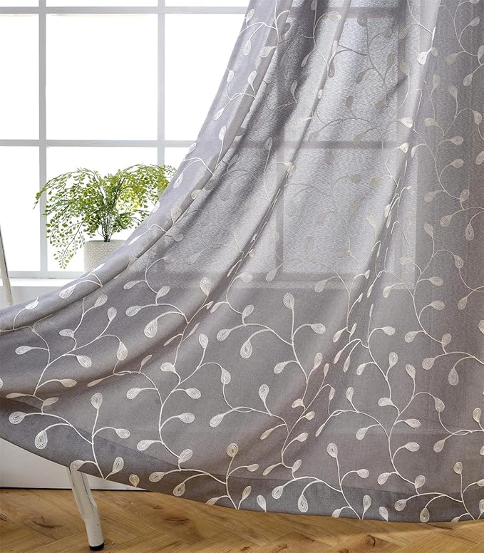MIUCO Floral Embroidered Semi Sheer Curtains Faux Linen Grommet Curtain Panels for Bedroom 52 x 95 Inch 2 Panels, Grey