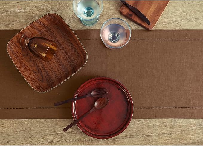 Solino Home Linen Brown Table Runner 108 Inches Long - 100% Pure Linen 14 x 108 Inch Table Runner for Fall, Autumn, Thanksgiving - Classic Hemstitch