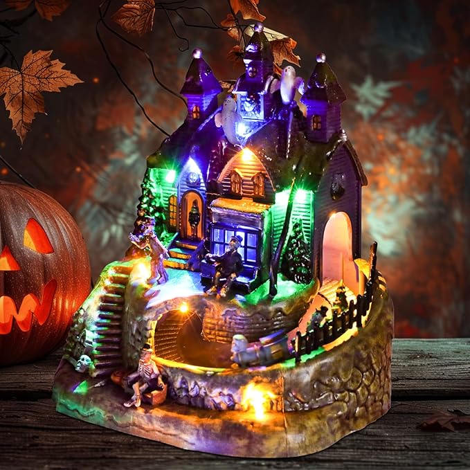 DREAM GARDEN Halloween Village Collection, Lighted Spooky Haunted House with Animated Train and Scary Sound Resin Spooky Town with Skull, Pumpkin, Ghost for Holiday Party Tabletop Decor