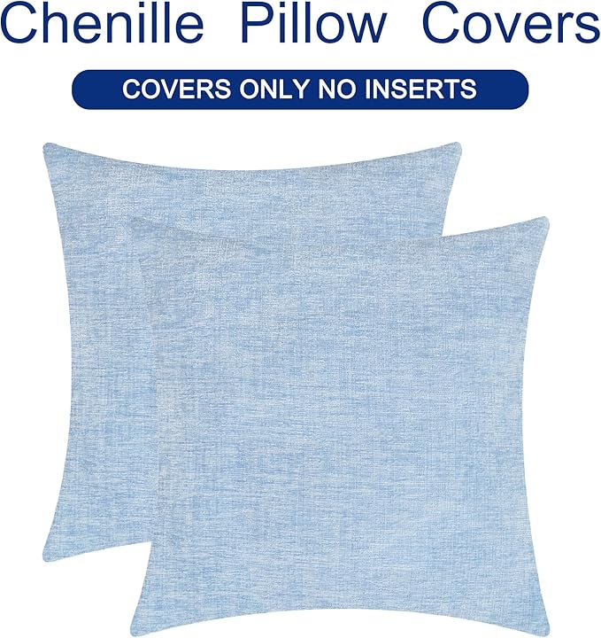 CaliTime Throw Pillow Covers Decorative 22 X 22 Inches Pack of 2 Cozy Chenille Cushion Cases for Couch Sofa Bed Living Room Home Baby Blue