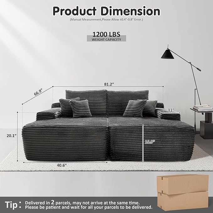 ovios 81" Oversized Sectional Double Lounge Chaise with Cloud Plush Sofa Bed, No Assembly Required, Fluffy Modern Sleeper Loveseat Chair for Indoor Living Room Bedroom Reading, Grey (Plush Fabric)