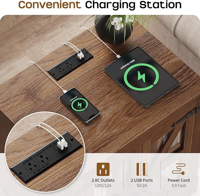 Farmhouse Side Table - 24" Large Night Stand Set 2, Wood Nightstand with Charging Station, Bedside Table with Adjustable Shelf, End Tables Living Room, Rustic Bed Side Tables Bedroom, Walnut