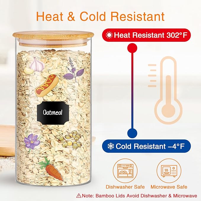Glass Storage Jars 45 oz 4 Pcs Clear Glass Food Storage Containers with Airtight Bamboo Lid Stackable Kitchen Canisters for Candy, Cookie, Rice, Sugar, Flour, Pasta, Nuts