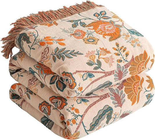 Boho Throw Blanket for Bed 90”x98”, 100% Cotton Woven Blanket for Couch Sofa, Ultra Soft 4-Layer Muslin Quilt with Floral Printed, Farmhouse Bed Blanket/Cover for Living Room Decor