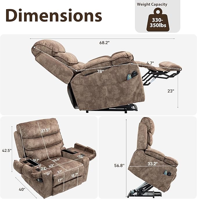 27in Extra Wide Power Lift Recliner Chair for Big Tall with Extended Footrest Heat Massage, Oversized Electric Lift Recliner Chairs for Adults Elderly Seniors, Arm Storage & Cup Holders
