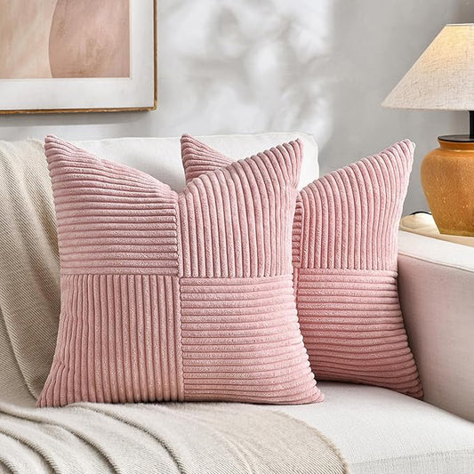 Fancy Homi 2 Packs Blush Pink Samll Decorative Throw Pillow Covers 14x14 Inch with for Couch Bed Sofa, Rustic Farmhouse Boho Home Decor, Soft Corss Patchwork Corduroy Square Cushion Case 35x35 cm