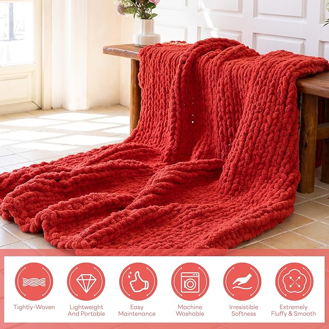 Chunky Knit Blanket - Luxury Soft Cozy 40 * 50 Throw Blanket,100% Woven Blanket Rope Knot Throw Blanket for Couch, Sofa, Home Decor, Gift - Machine Washable（Wine red）