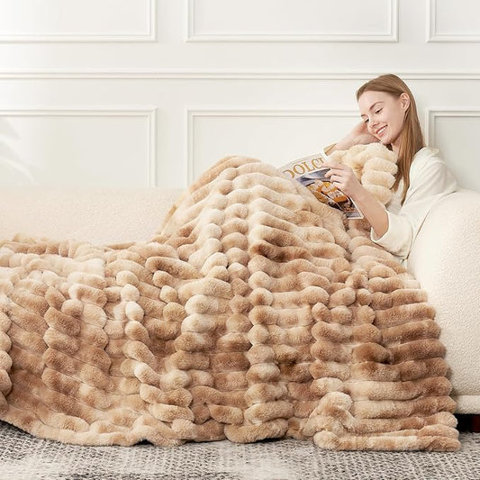 Cozy Bliss Faux Fur Throw Blanket for Couch, Cozy Warm Plush Striped Blanket for Sofa Bedroom Living Room, 60 * 80 Inches Tie-dye Kahki