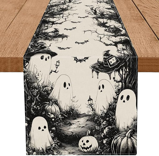 GPGHE Halloween Table Runner Black Ghost Holiday Burlap Table Decoration Indoor Outdoor Home Decor Party Supply 13 x 36 Inch