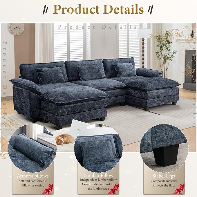 URRED Modular Sectional Sofa Comfy Cloud Couch, Modern Chenille Sofa Sleeper Deep Seat Couches with Ottoman/Pillows for Living Room (Blue, 117'' - U Shape)