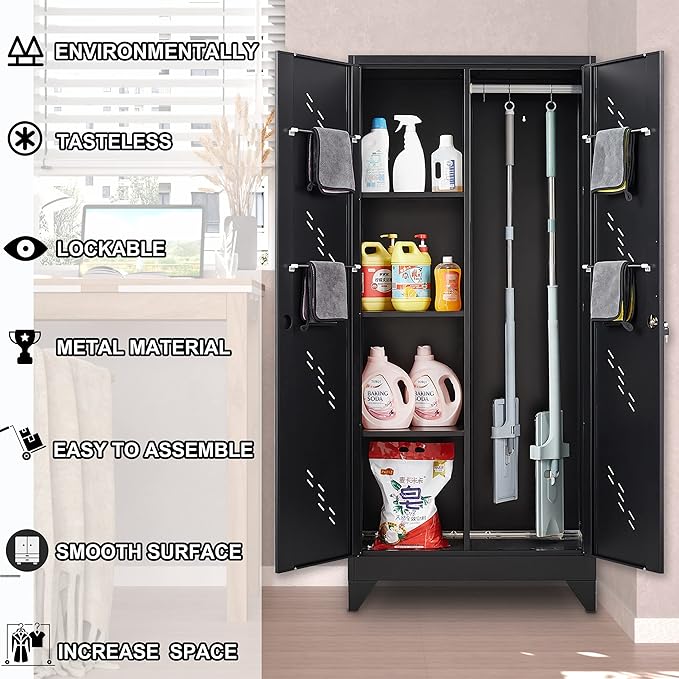 71" Broom Closet Cabinet with Hanging Rod, Tall Black Metal Storage Cabinet for Bathroom, Utility Room, and Garage