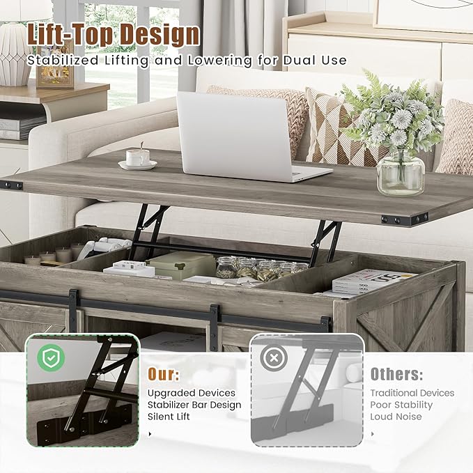 48" Farmhouse Lift Top Coffee Table with Storage Sliding Barn Door & Large Hidden Compartment, Coffee Table with Lifting Top with Wooden Lift Tabletop, Coffee Tables for Living Room, Grey