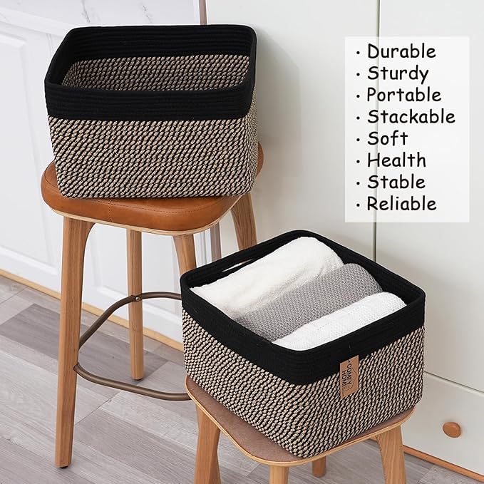COMFY-HOMI 3PACK Cotton Rope Square Basket with Handles for Shelves|Dog Toy Bin and Storage|Baby Gift|Shoe Organizer|New 13.5" x 11" x 9.5" for Living Room (Black/Jute)