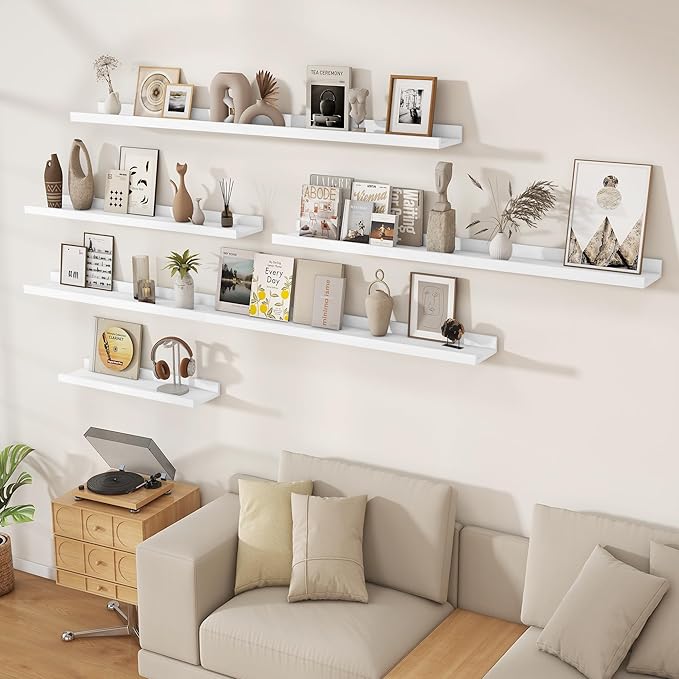 Floating Picture Ledge Shelves 72 Inch Solid Oak Wood Set of 2, Rustic Wall Storage Shelves with Lip, Kids Bookshelf, Photo & Picture Ledge Shelves for Bedroom, Living Room, Kitchen