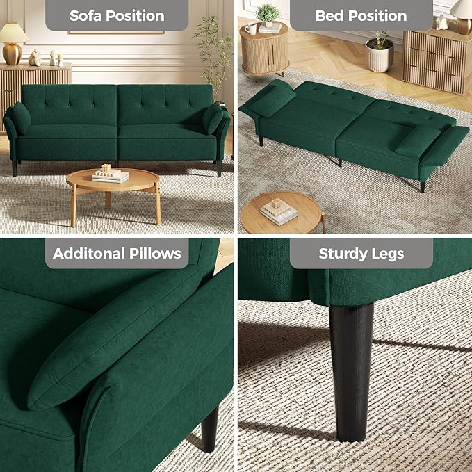 89” Futon Sofa Bed, Velvet Fabric Comfy Futon Couch Bed with 2 Square Pillows, Convertible Sleeper Sofa with Adjustable Backrest& Armrests, Modern Loveseat Sleeper for Living Room, Bedroom