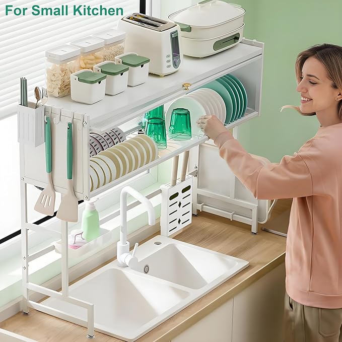 Dish Drying Rack, 3-Tier Over Sink Dish Drying Rack, 33.5" Sink Dish Rack for Small Kitchen, Space-Saving Sink Dish Rack with Cover, Baskets, Utensil, Large Kitchen Storage Organizer White