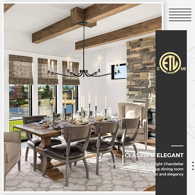 Black Chandelier, Modern Dining Room Light Fixture 8 Light Candle Chandelier Over Table 44in Metal Chandeliers Lighting for Living Room Entry Master Bedroom Bathtub Kitchen