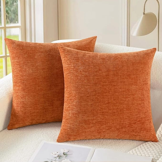 CaliTime Fall Throw Pillow Covers Decorative 24 X 24 Inches Pack of 2 Cozy Chenille Cushion Cases for Couch Sofa Bed Living Room Home Burnt Orange