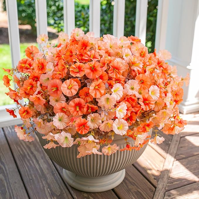 Artificial Mums for Outdoors Fake Fall Flowers Plants for Autumn Decoration, 12 Bundles Silk Morning Glory with Eucalyptus Look Real UV Resistant Faux Mums for Outside Planters Yard Patio Porch, Mix